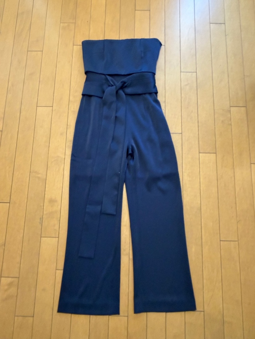 Designer Strapless Satin Navy Wide-Leg Jumpsuit with Self Tie Belt size 6